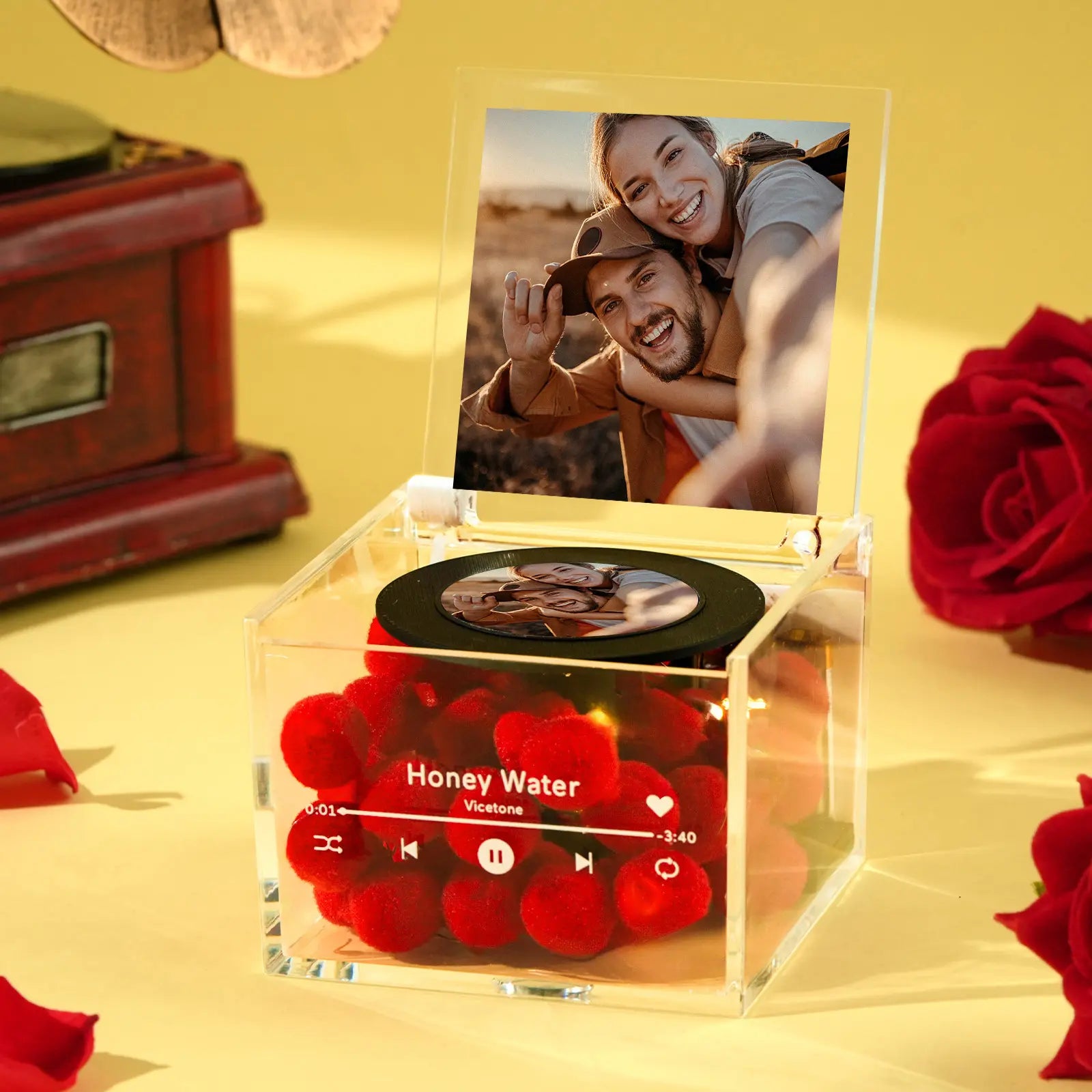 Mini Odtwarzacz Muzyczny z Personalizowanym Zdjęciem i Światłem w Akrylowej Skrzynce