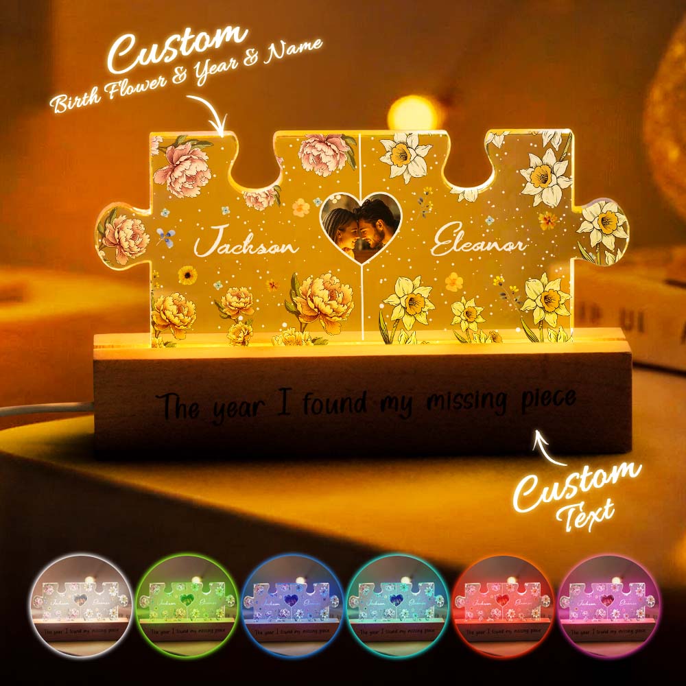 Personalizowana lampka nocna z puzzlami dla pary z kwiatem urodzinowym na prezent