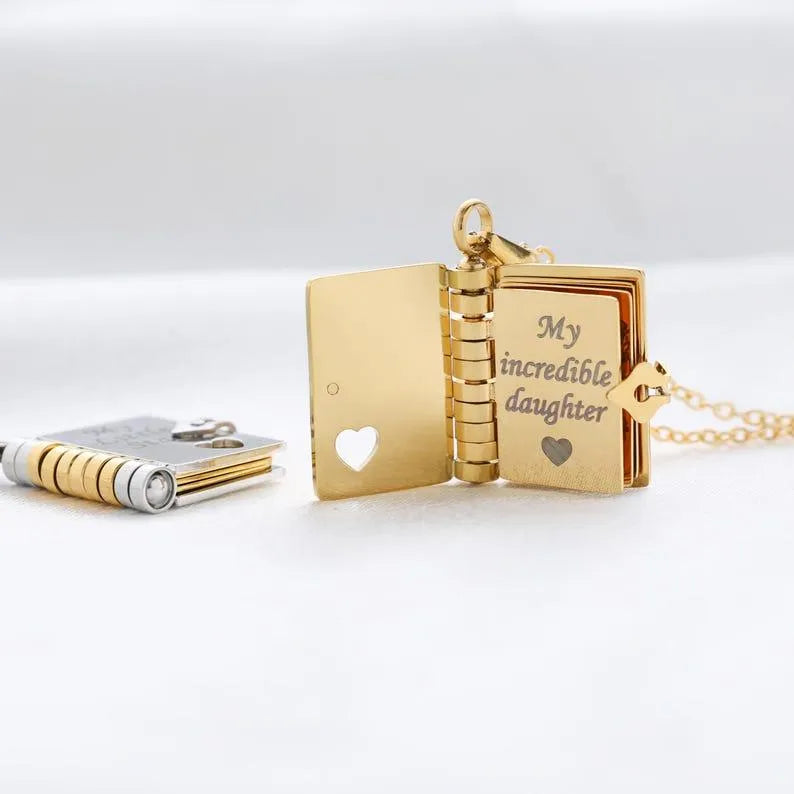 Personalized Text Book Necklace – Adjustable Pendant with Message Inside Meaningful Jewelry
