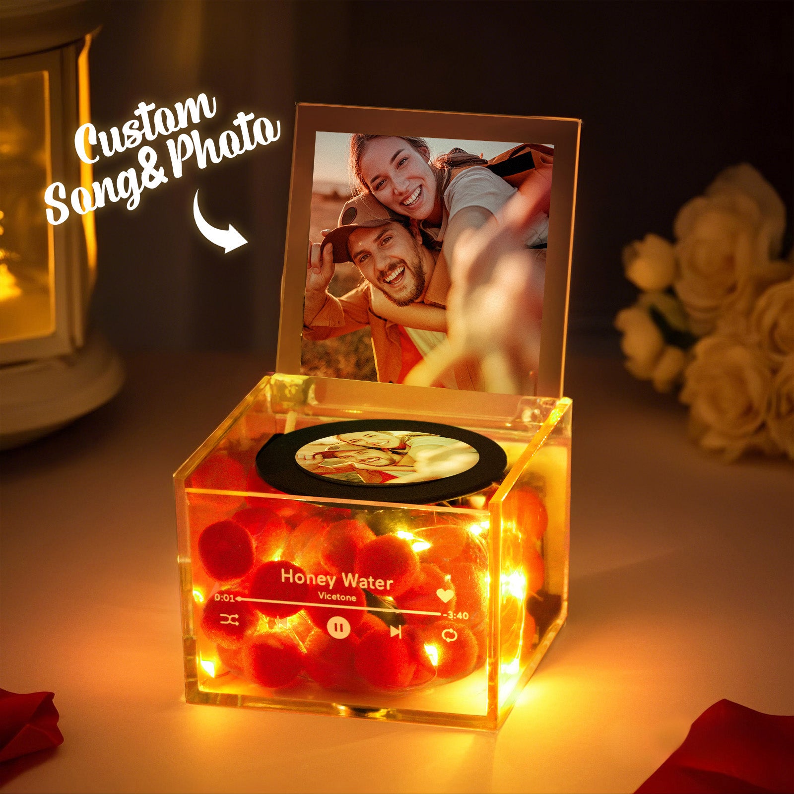 Mini Odtwarzacz Muzyczny z Personalizowanym Zdjęciem i Światłem w Akrylowej Skrzynce