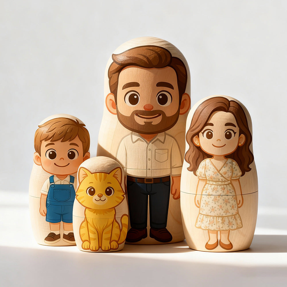 (5 Working Days Production) Personalized Family Portrait Nesting Doll with Box Custom Photo into Cartoon Style Preview Christmas Gift