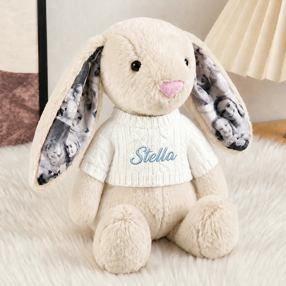 Custom Ears & Sweater Custom Photo Bunny Plush with Personalized Name Embroidery Cute Anniversary Gifts (Production Time: 15 workdays)