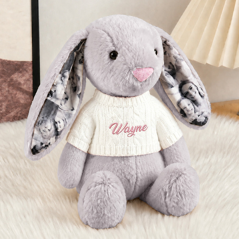 Custom Ears & Sweater Custom Photo Bunny Plush with Personalized Name Embroidery Cute Anniversary Gifts (Production Time: 15 workdays)
