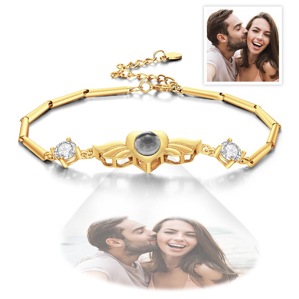 Personalized Photo Projection Bracelet Elegant Wings with Stone Jewelry for Her