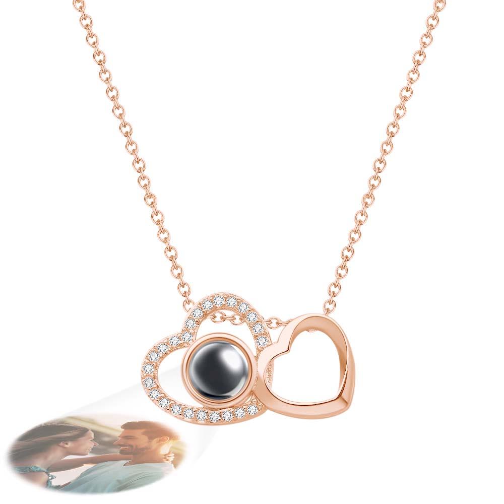 Custom Double Heart Photo Projection Necklace Personalized Picture Inside Pendant Memorial Jewelry
