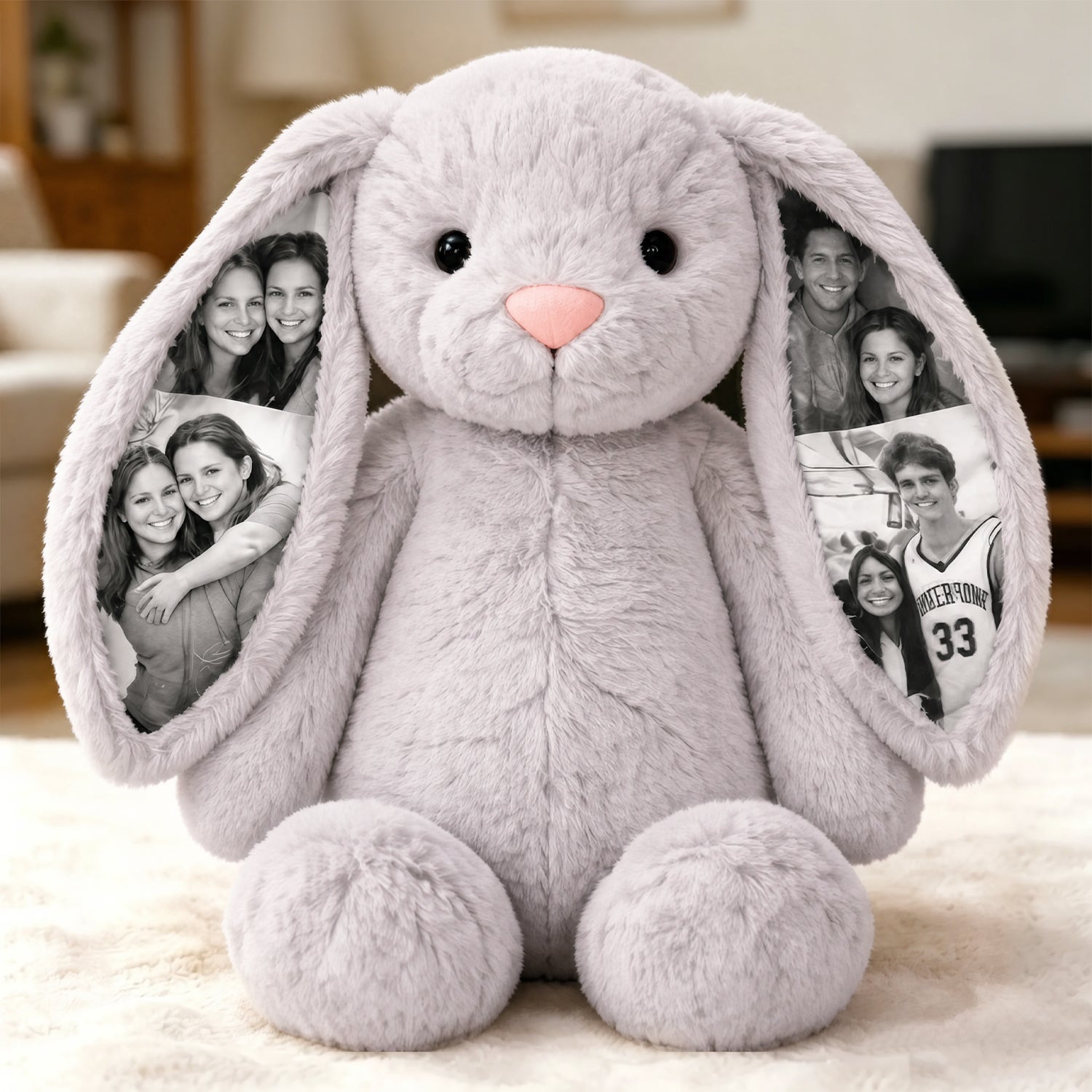 Custom Photo Bunny Plush Personalized Hidden Ear Picture Gift for Couples Anniversary Mother's Day Gifts (Production Time: 15 workdays)