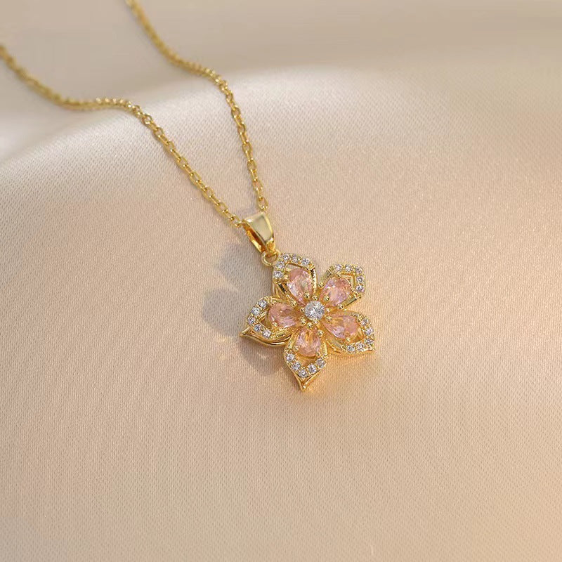 Floral Birthstone Necklace Lotus Flower Gemstone Necklace with Rotating Crystal Flower