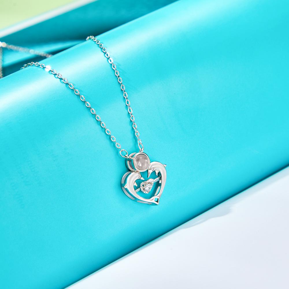 Custom Photo Projection Necklace Dolphin Heart Shaped Photo Necklace Gift for Women