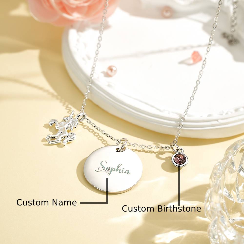 Personalized Unicorn Necklace with Birthstone Name Necklace Birthday Gift for Girls