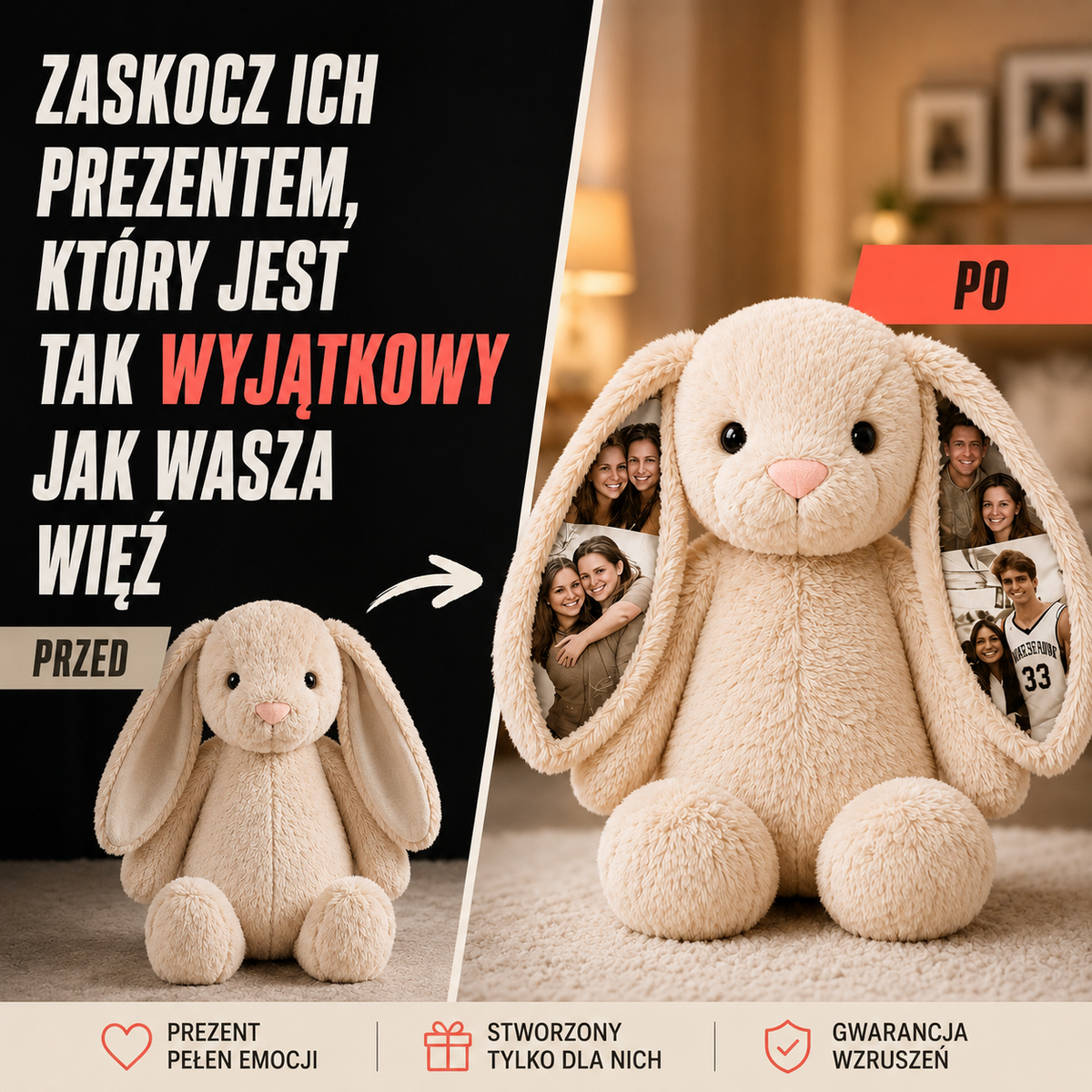 Pluszowy królik ze zdjęciami na uszach