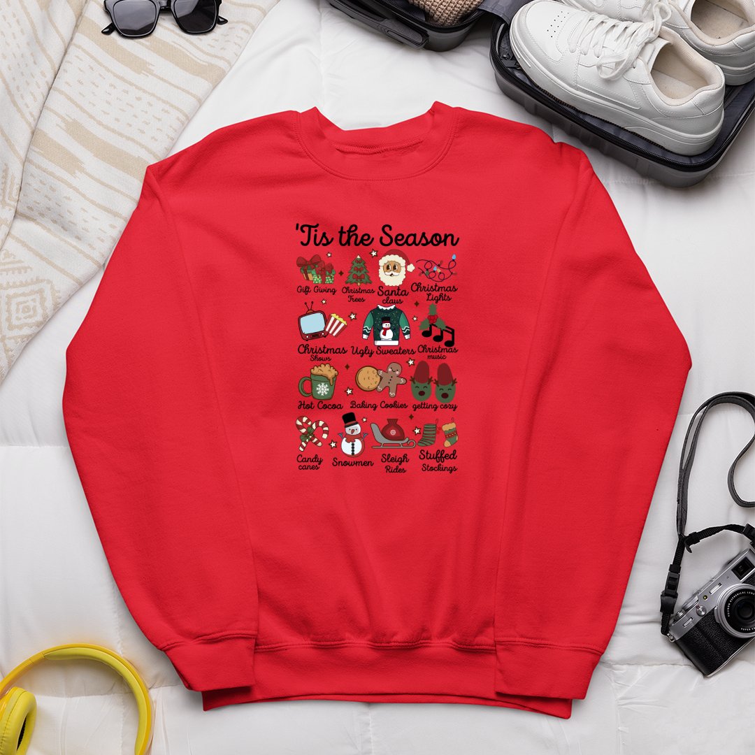 Bluza Unisex Tis the Season Shirt Funny Southern Retro Christmas Tee Groovy Santa Tree Cocoa Elements