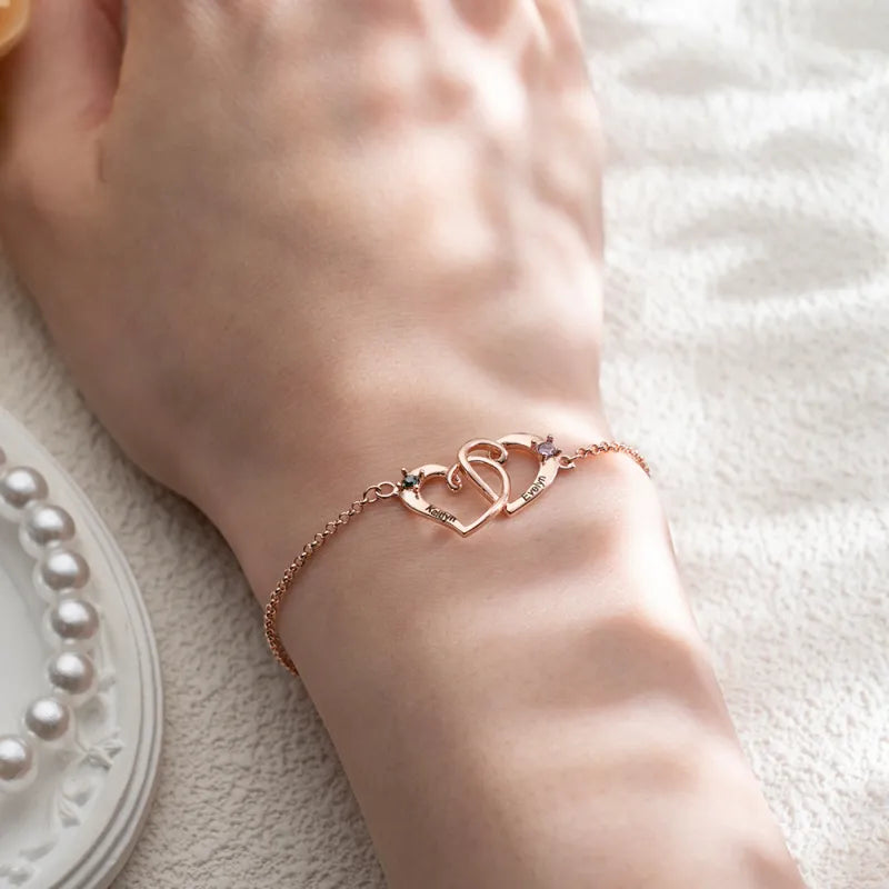 Custom Interlocking Heart Name Bracelet Birthstone Engraved Names Personalized Double Heart Bracelet for Couples Valentines Gift