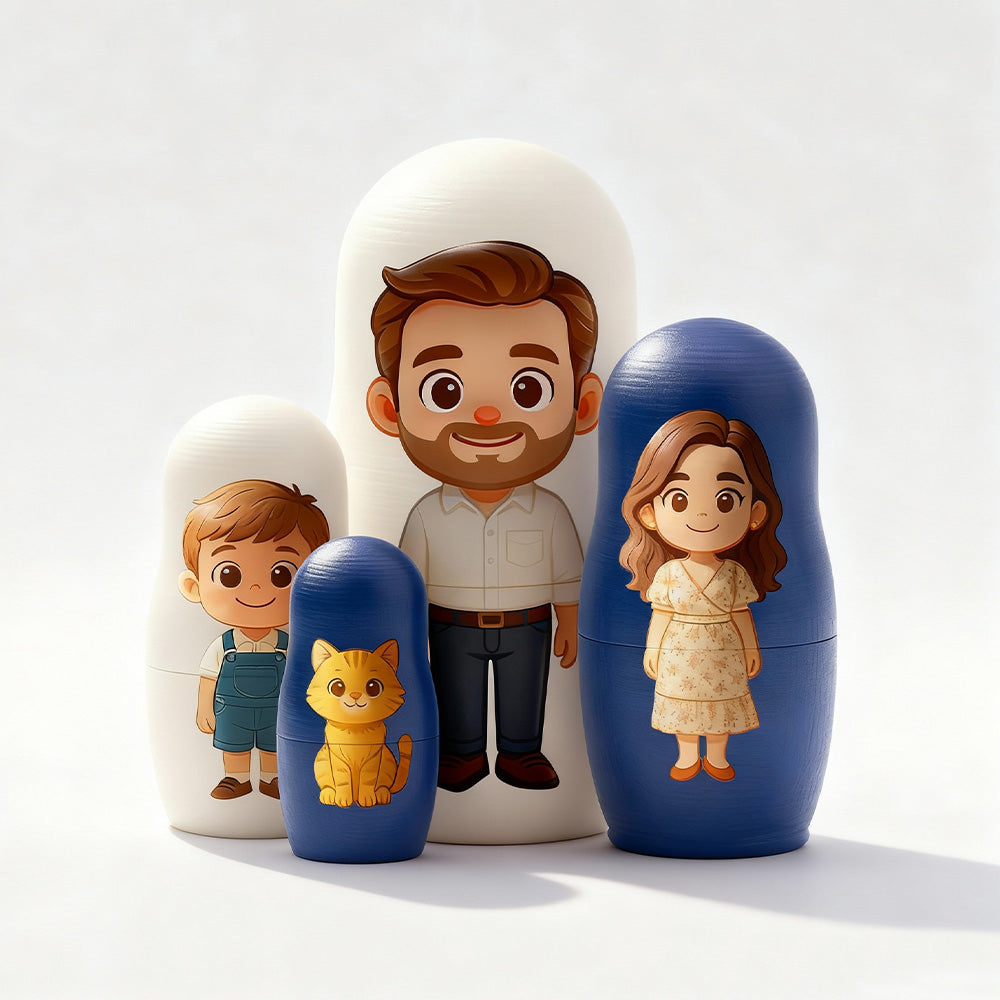 Personalizowana matrioszka z rodzinnym portretem w stylu kreskówkowym na prezent świąteczny