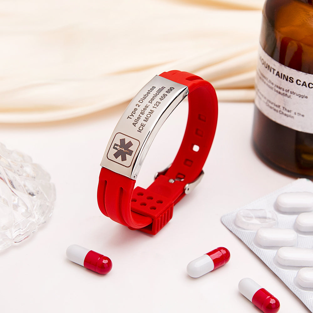Personalized Emergency Medical Alert Bracelet Adjustable Silicone Bracelet for Men Women First Aid Gift