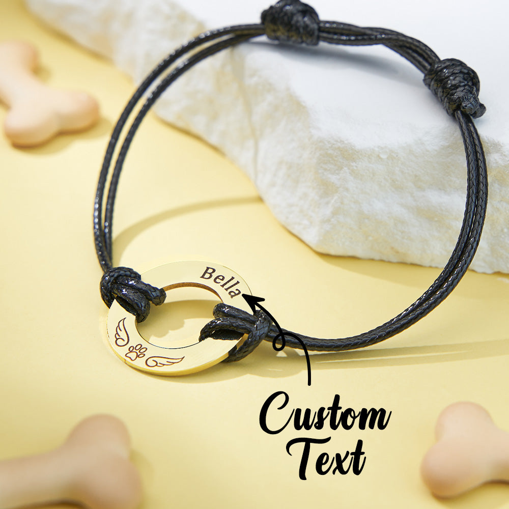 Personalized Engraved Angel Wings Pet Paw Print PU Leather Rope Bracelet Memorial Gift for Pet Lovers
