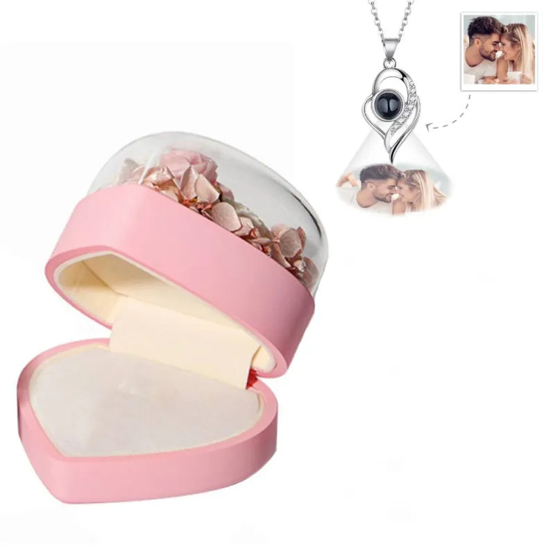 Personalized Rose Jewelry Heart Box With Projection Necklace Valentine's Day Gift