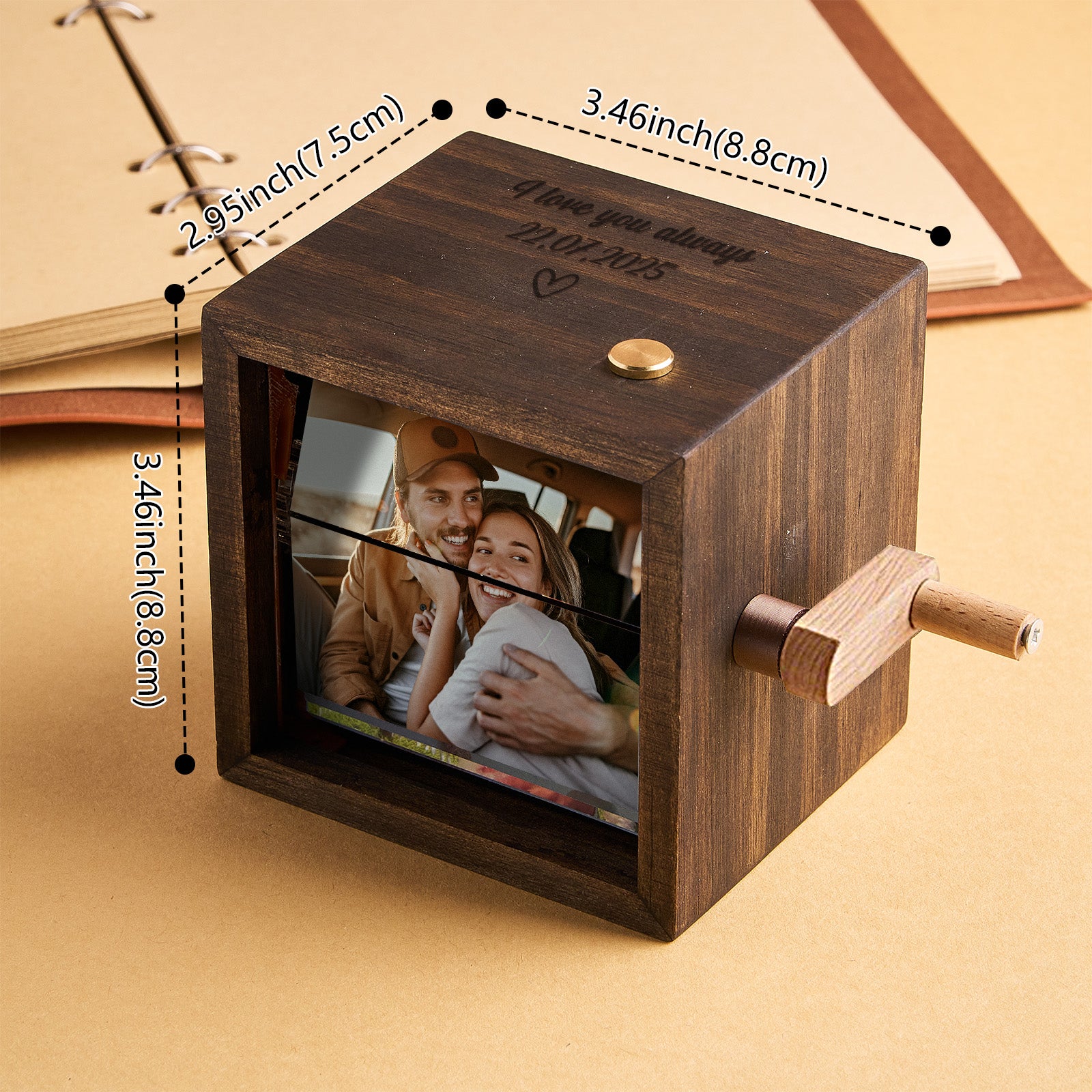Animacyjna maszyna do flipbooków z tekstem, zdjęciami i muzyką, z odczepianymi zdjęciami, ręcznie kręcona, z podświetleniem, na rocznicę