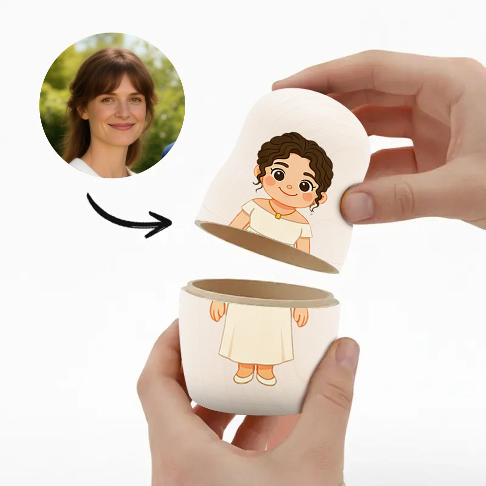 (5 Working Days Production) Personalized Family Portrait Nesting Doll with Box Custom Photo into Cartoon Style Preview Christmas Gift