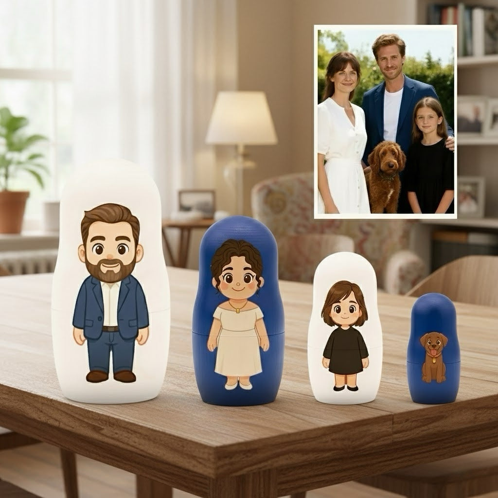 Personalizowana matrioszka z rodzinnym portretem w stylu kreskówkowym na prezent świąteczny