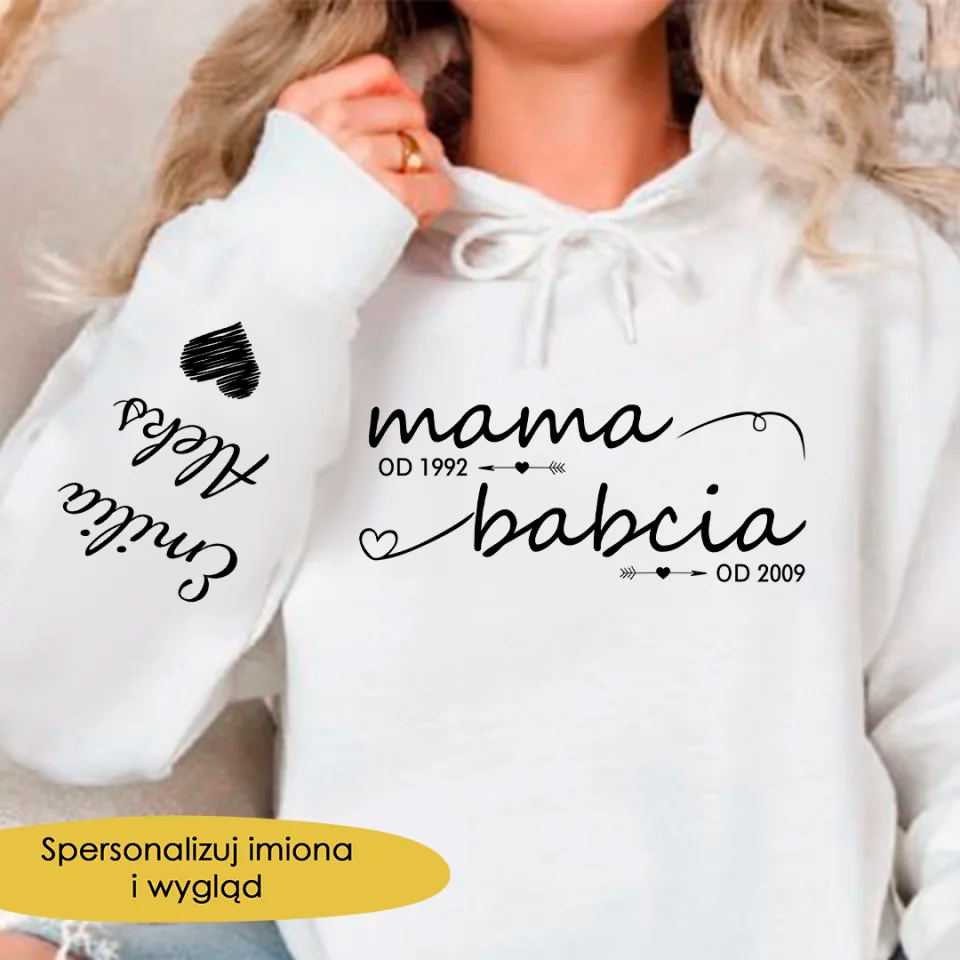 Dzien Babci Prezent Bluza Z kapturem Z Personalizowanym Rękawem Świat Imion