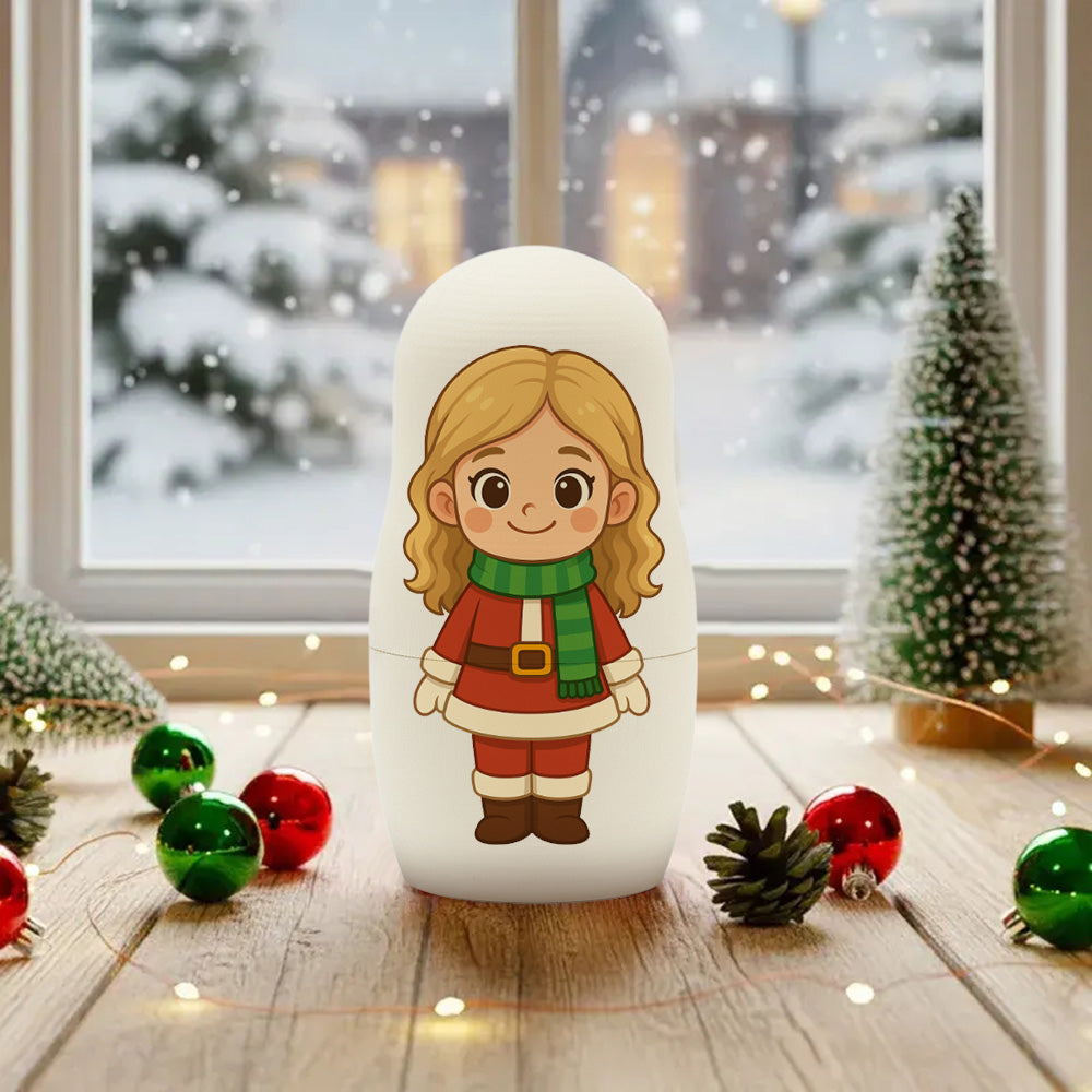 Personalizowana matrioszka z rodzinnym portretem w stylu kreskówkowym na prezent świąteczny