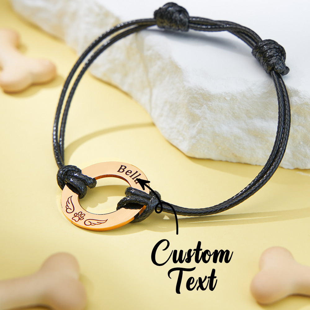 Personalized Engraved Angel Wings Pet Paw Print PU Leather Rope Bracelet Memorial Gift for Pet Lovers
