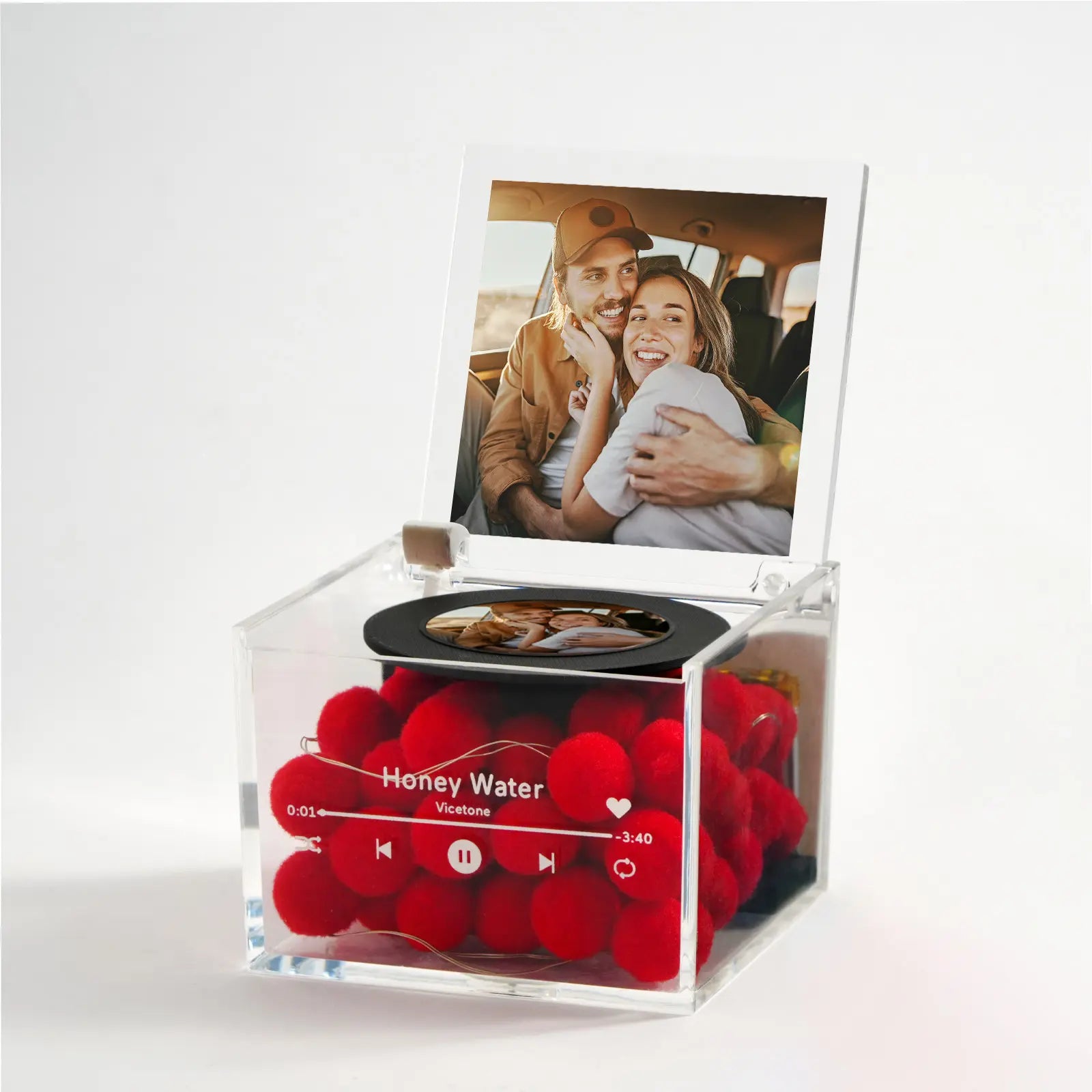 Mini Odtwarzacz Muzyczny z Personalizowanym Zdjęciem i Światłem w Akrylowej Skrzynce