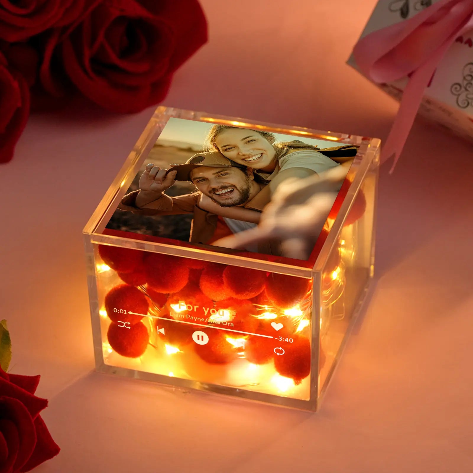 Mini Odtwarzacz Muzyczny z Personalizowanym Zdjęciem i Światłem w Akrylowej Skrzynce