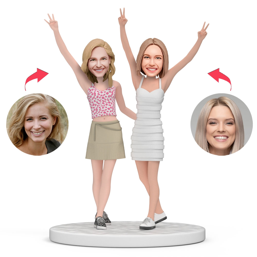 LGBT Lesbian Couple Cheering Up Custom Bobblehead With Engraved Text