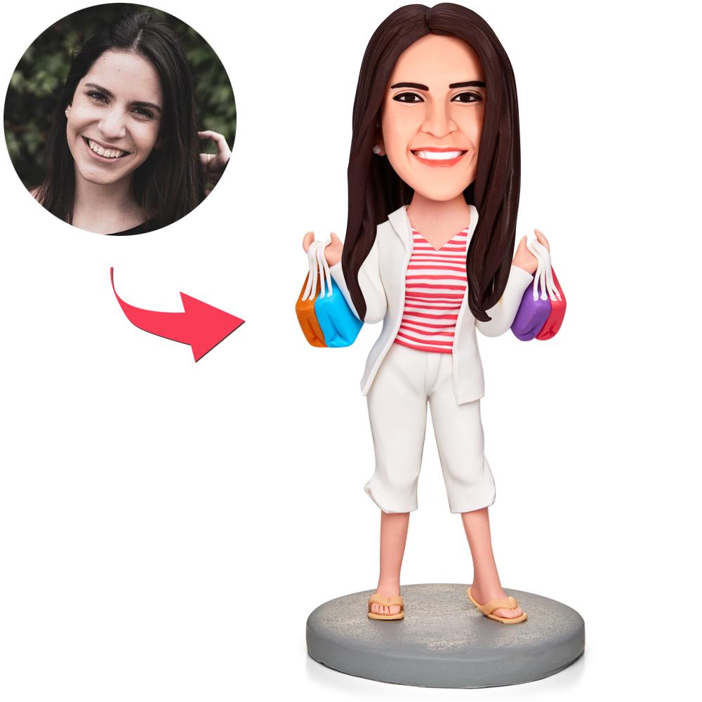 Happy Shopping Woman Custom Bobbleheads With Engraved Text