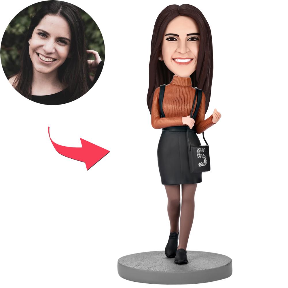 Fashion Beautiful Girl With A Bag Custom Bobblehead With Engraved Text