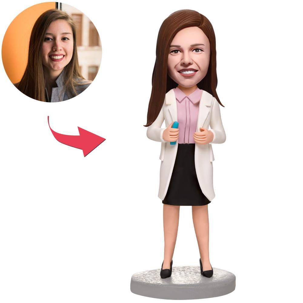Custom Female Doctor Holding A Needle Bobbleheads With Engraved Text