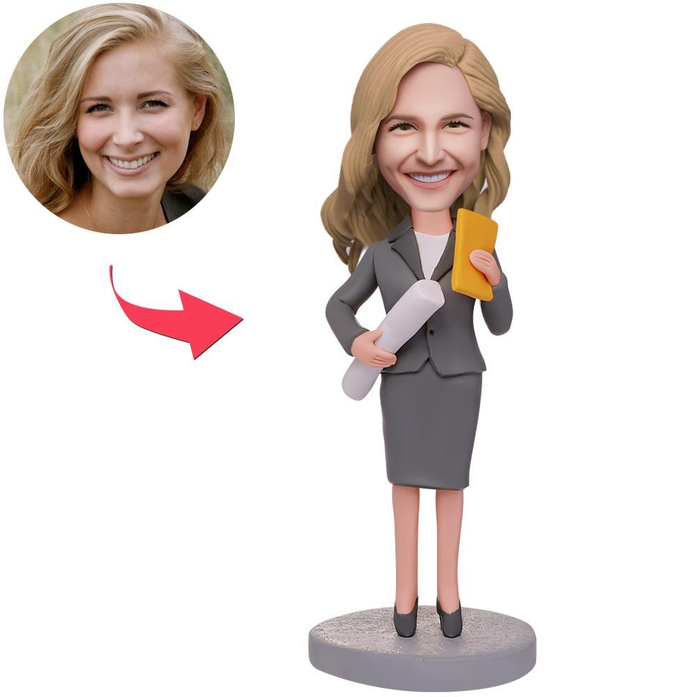 Female Engineer Holding Blueprints Custom Bobbleheads With Engraved Text