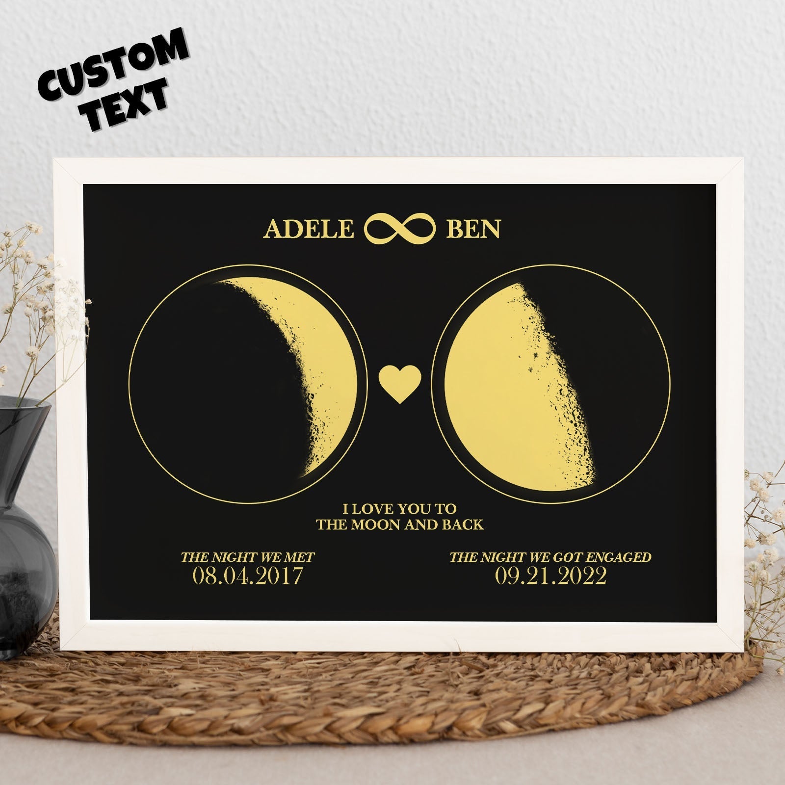 Personalizowana ramka z fazami Księżyca dla pary na Walentynki