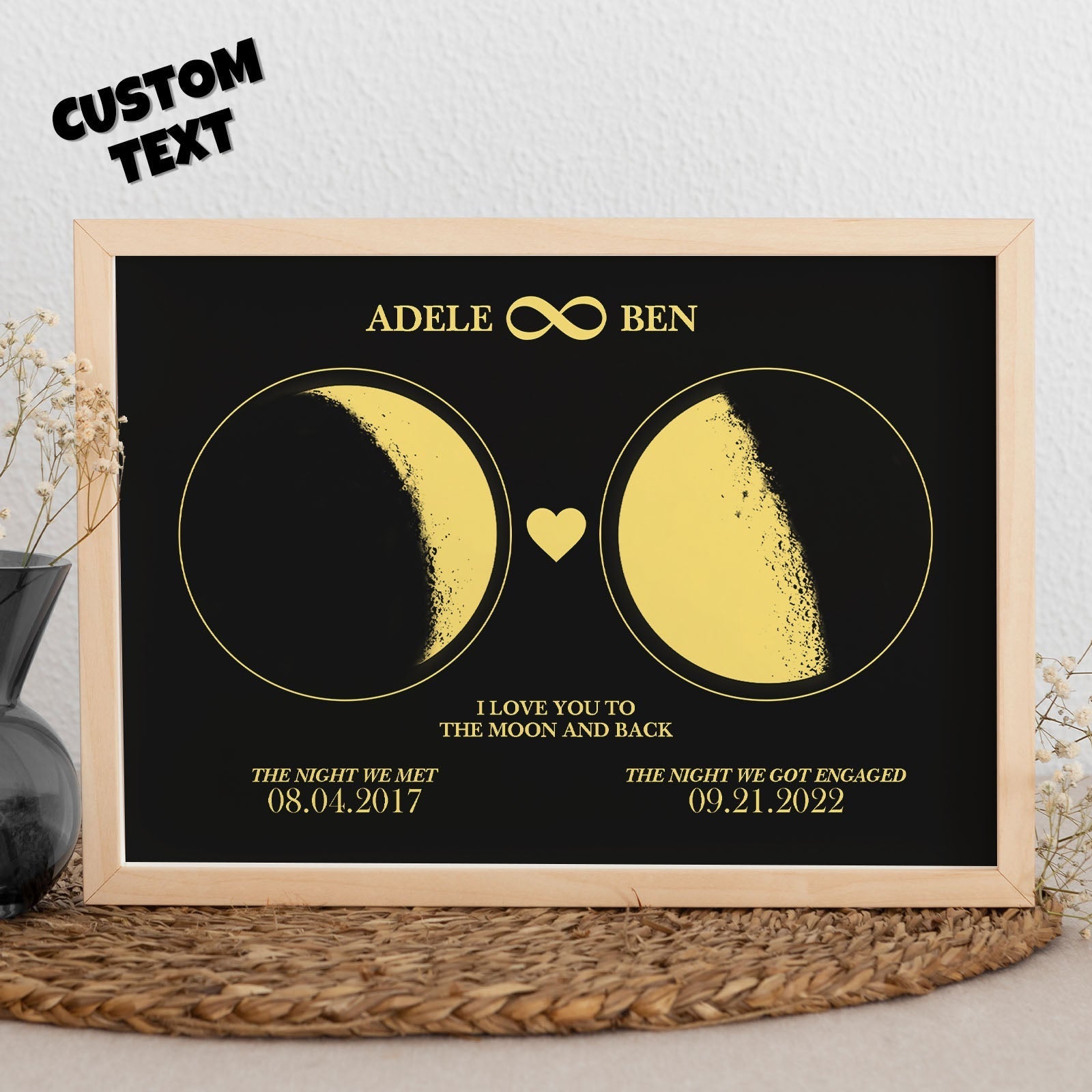 Personalizowana ramka z fazami Księżyca dla pary na Walentynki