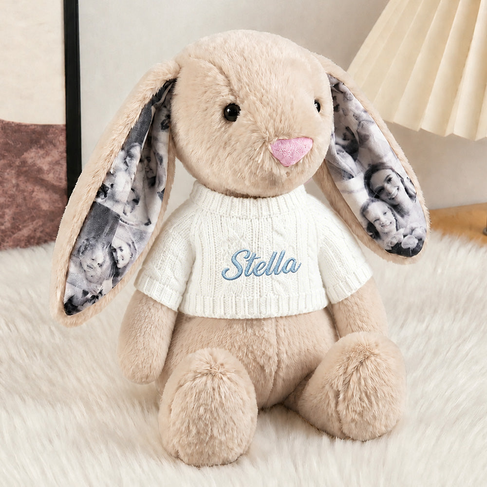 Custom Ears & Sweater Custom Photo Bunny Plush with Personalized Name Embroidery Cute Anniversary Gifts (Production Time: 15 workdays)