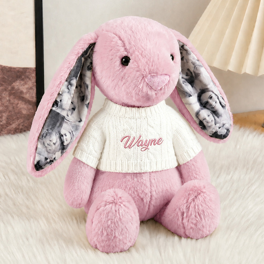 Custom Ears & Sweater Custom Photo Bunny Plush with Personalized Name Embroidery Cute Anniversary Gifts (Production Time: 15 workdays)
