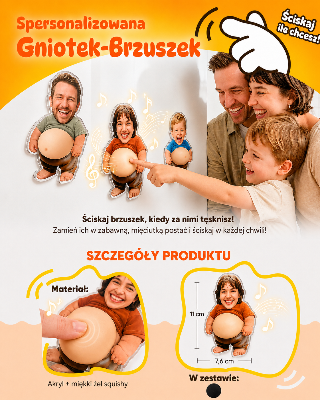 Personalizowany Magnet Muzyczny ze Zdjęciem i Miękkim Brzuszkiem