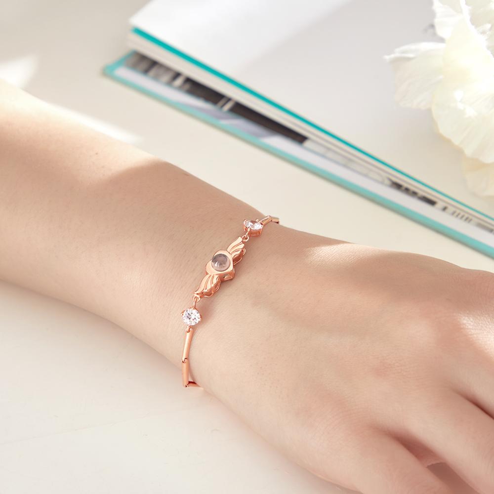 Personalized Photo Projection Bracelet Elegant Wings with Stone Jewelry for Her