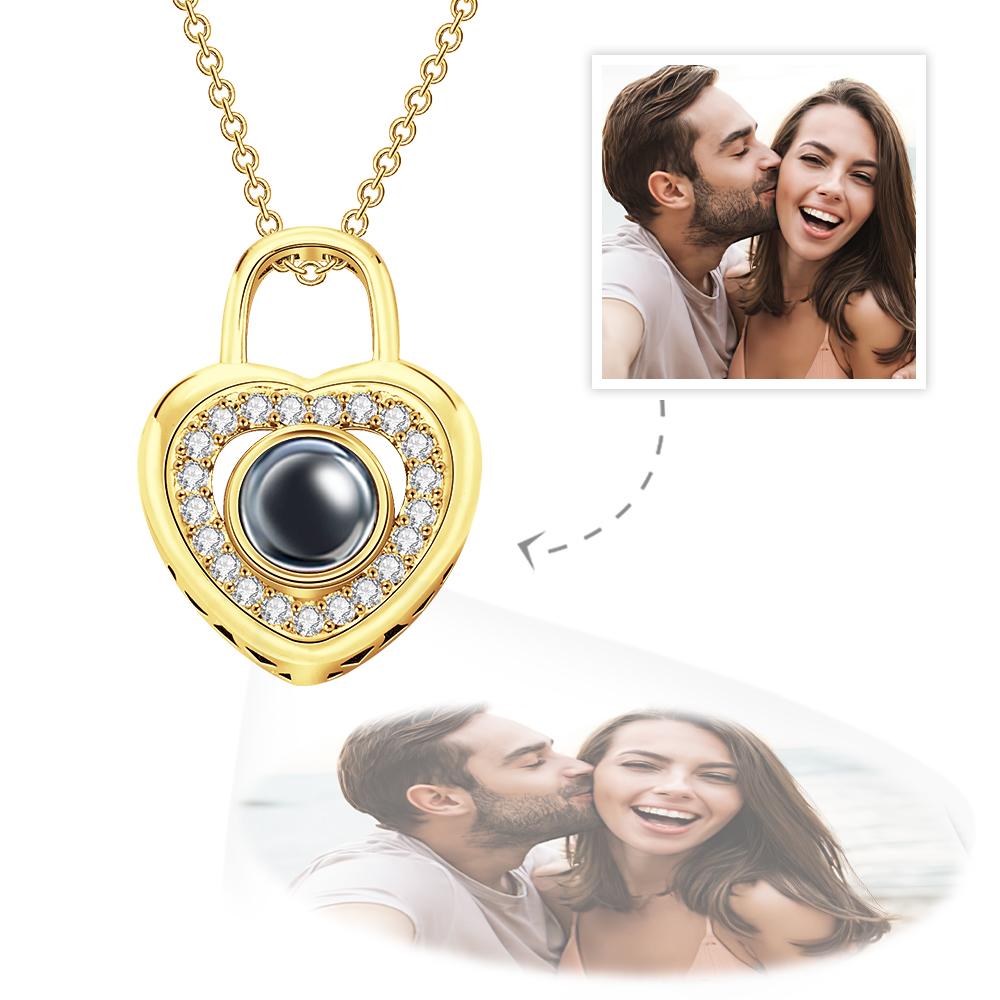 Personalized Photo Projection Necklace Love Heart Lock Shaped Pendant Valentine's Day Gift