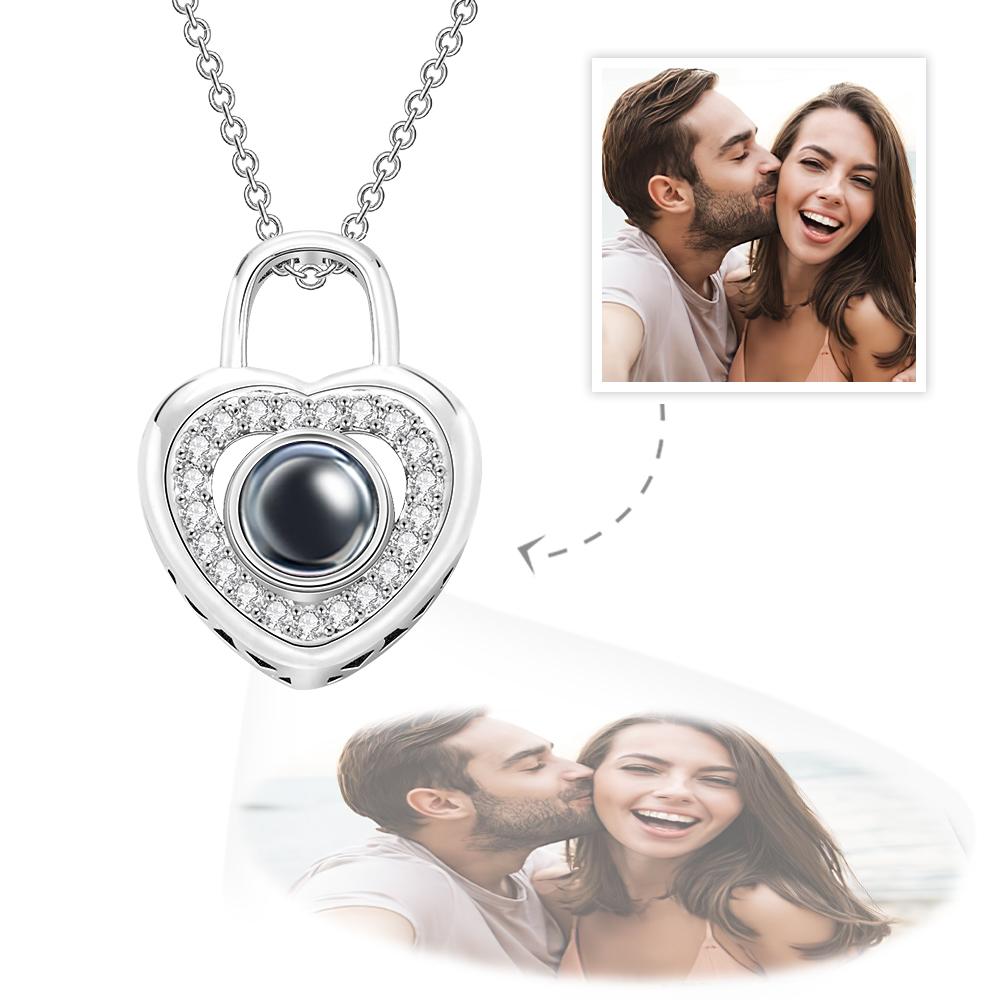 Personalized Photo Projection Necklace Love Heart Lock Shaped Pendant Valentine's Day Gift