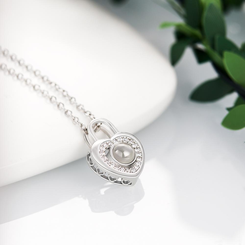 Personalized Photo Projection Necklace Love Heart Lock Shaped Pendant Valentine's Day Gift
