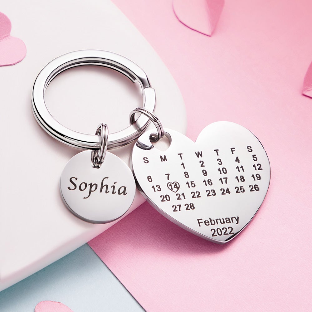 Custom Engraved Heart Calendar Keychain Save The Date Keychain