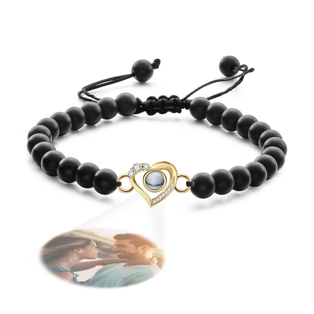 Personalized Photo Projection Beads Bracelet Heart-Shaped With Rhinestones Special Gift For Her