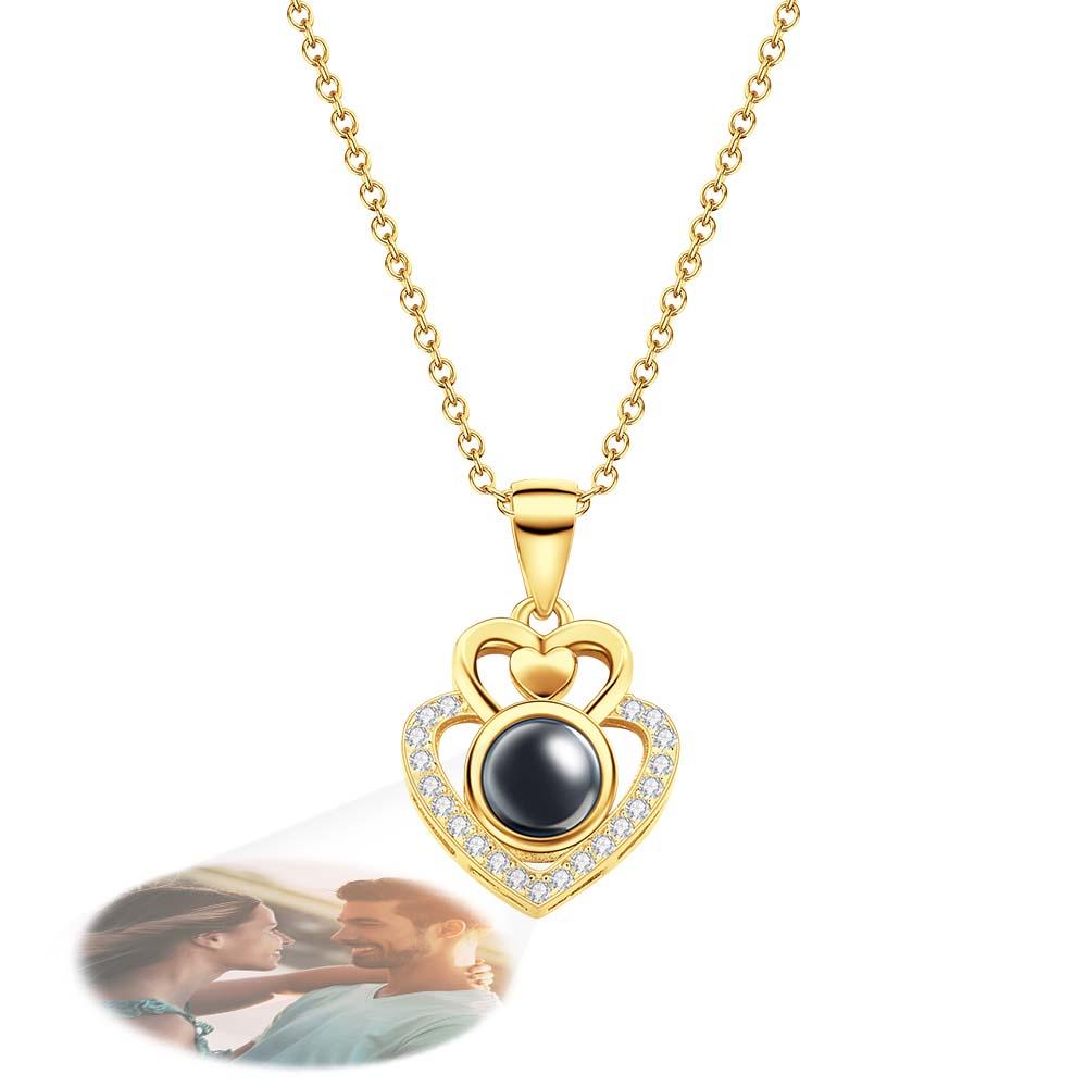Custom Photo Projection Necklace Double Heart Romantic Couple Gifts