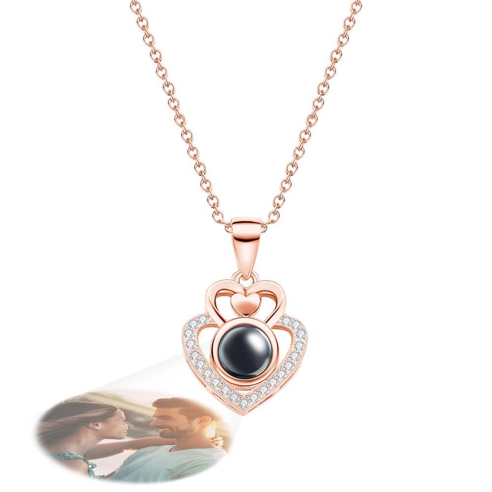 Custom Photo Projection Necklace Double Heart Romantic Couple Gifts