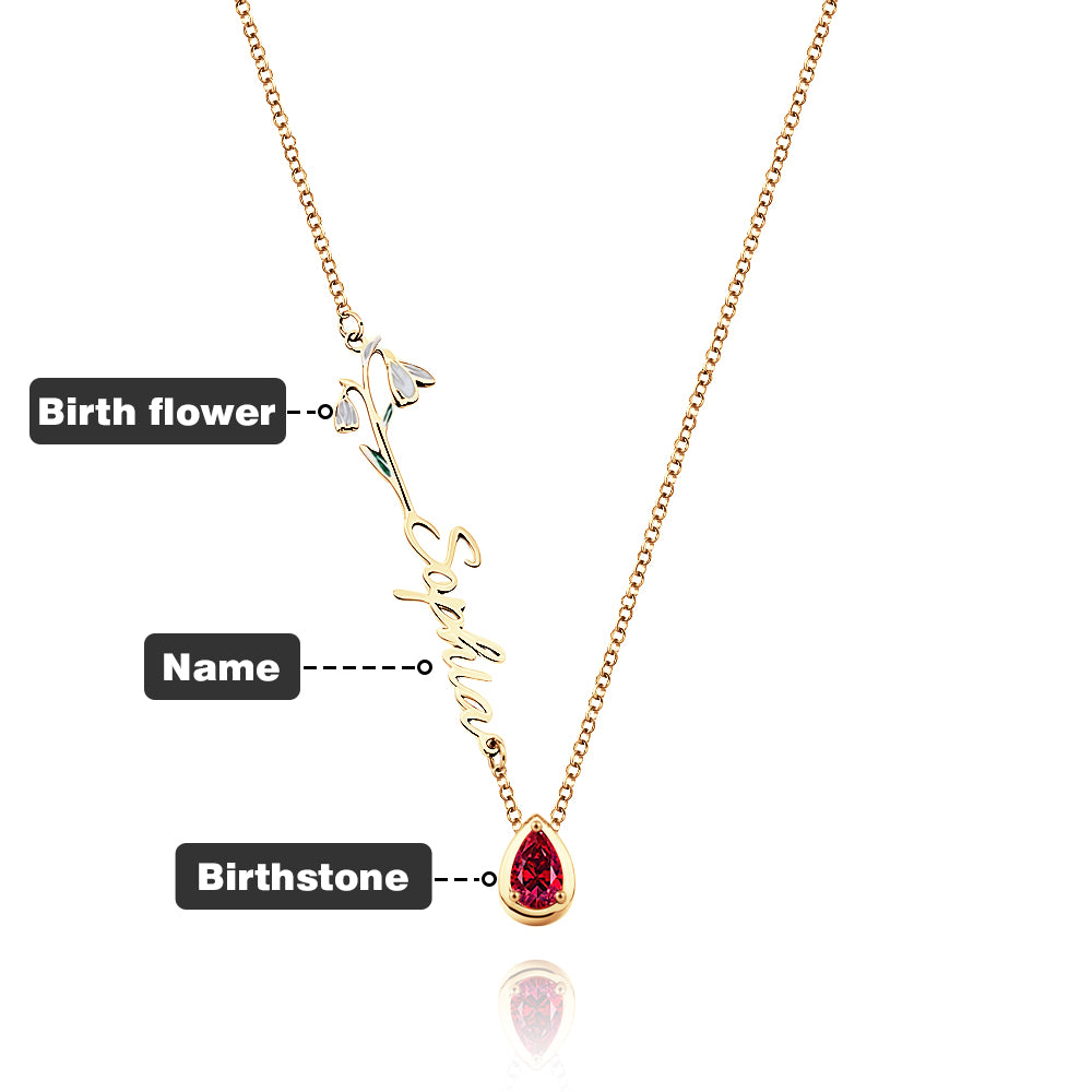 Personalized Birth Flower Birthstone Necklace with Name Necklace Jewelry Gift for Her