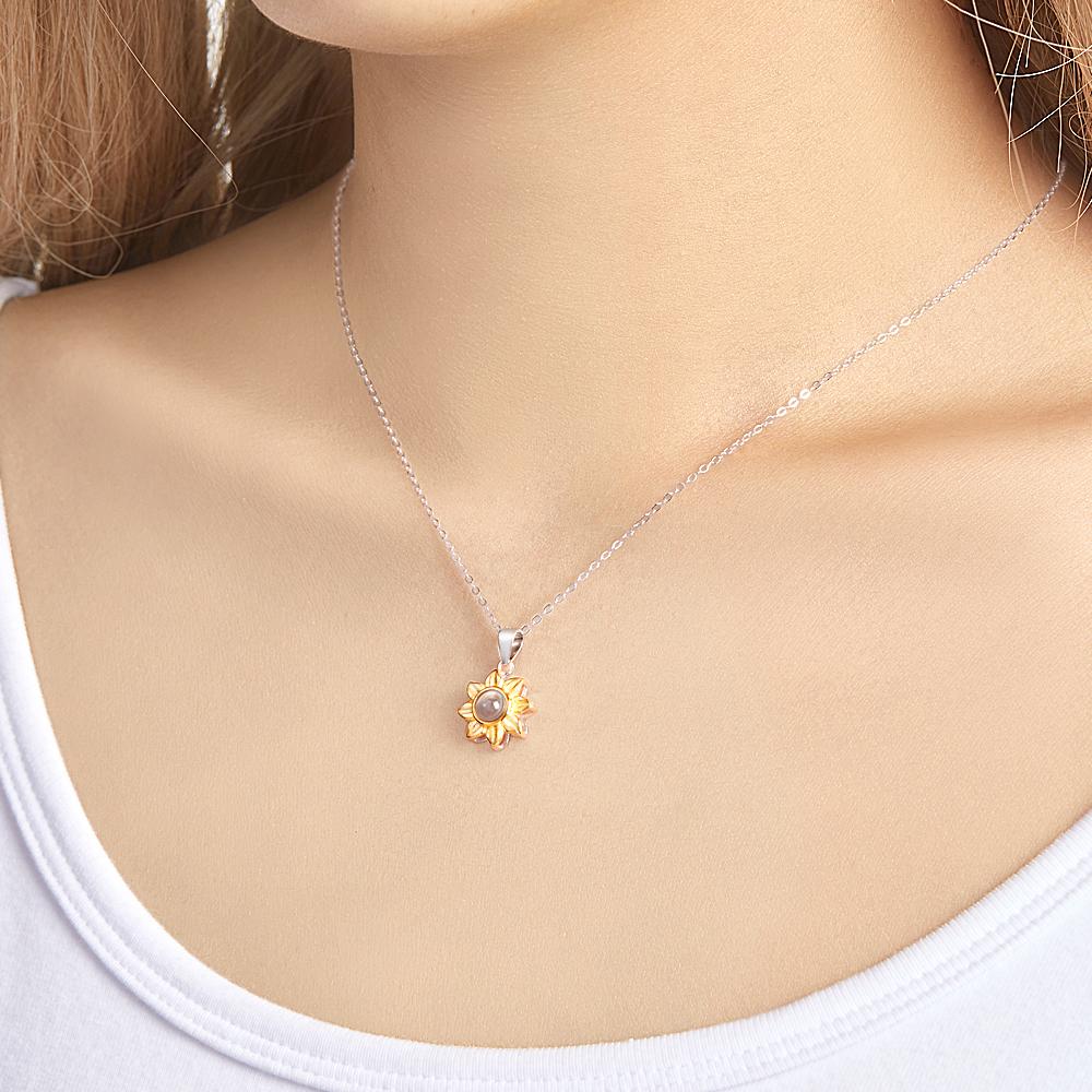 Custom Projection Photo Necklace Sunflower Pendant Necklaces 925 Sterling Silver