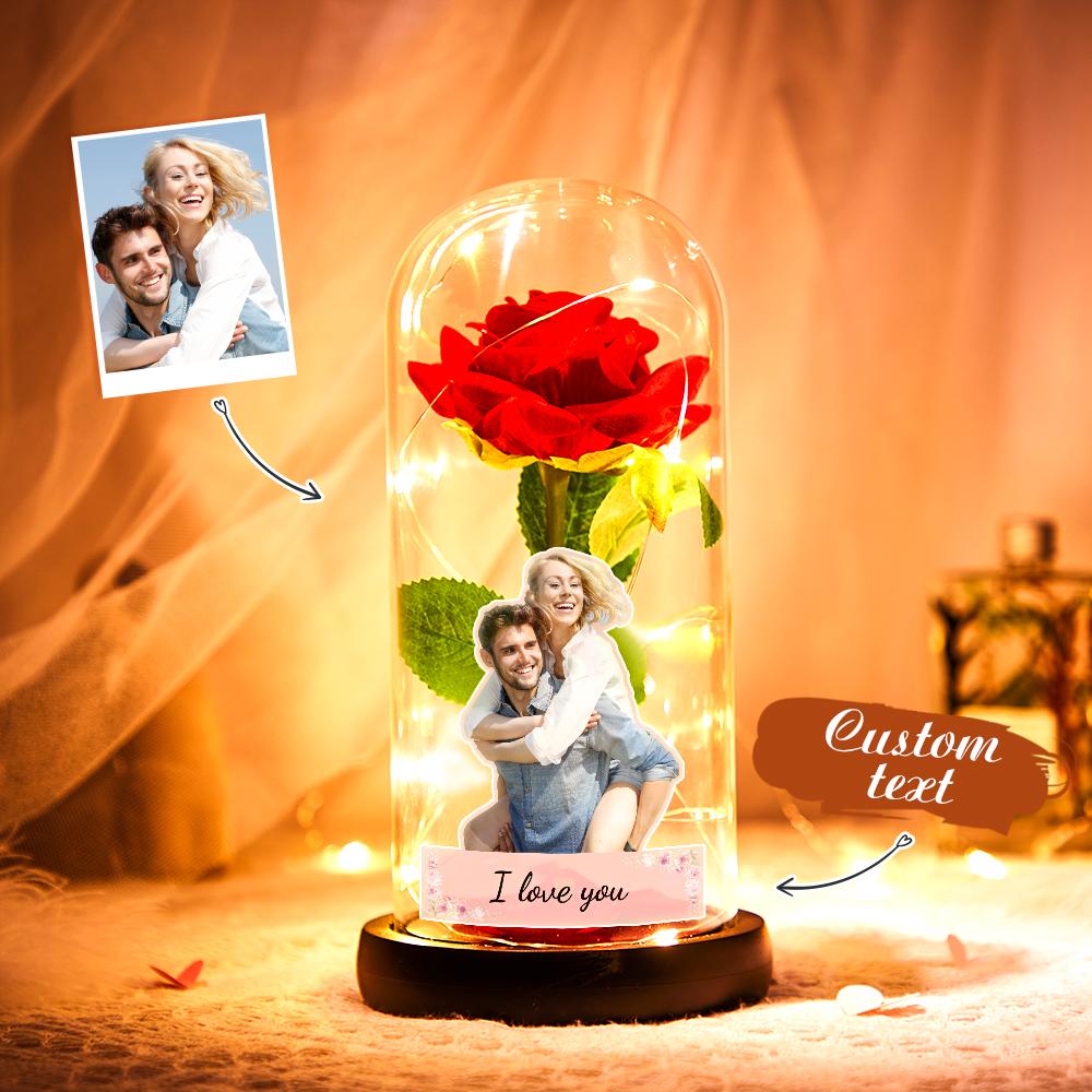 Personalizowana lampka LED z różą i zdjęciem na prezent dla niej na ślub