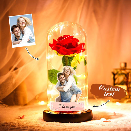 Personalizowana lampka LED z różą i zdjęciem na prezent dla niej na ślub